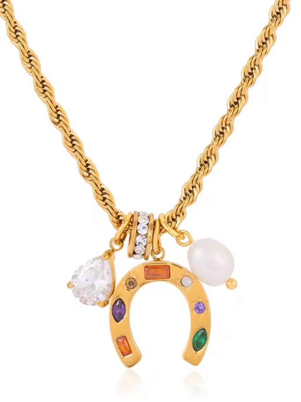Gold-tone Multi-Charm Horseshoe Necklace with Pearl and Crystal Accents